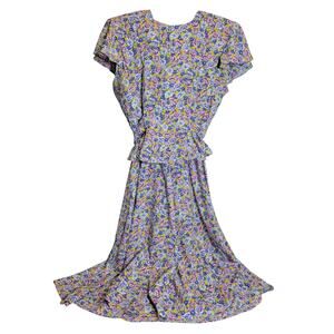 Vintage Floral Midi Dress belt Buttons Flutter Sleeves Womens 8 Shoulder Pads